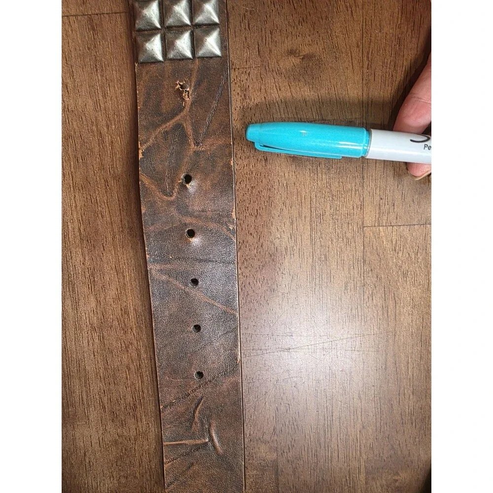 Distressed Brown Faux Leather 3-Row Silver Pyramid Studded Punk Belt